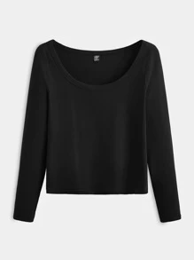 SHEIN BASICS Plus Solid Scoop Neck Tee - Black - View 7