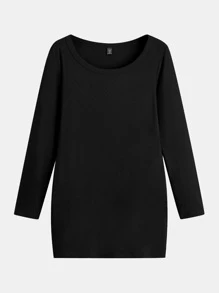 SHEIN BASICS Vestido Bodycon Con Cuello De Pala Sólido Para Tallas Grandes - Negro - Ver 1