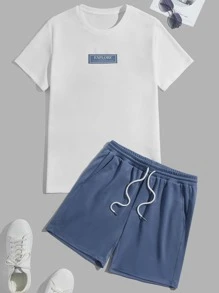 Manfinity Men Letter Graphic Tee & Drawstring Waist Shorts - Blue and White - View 1