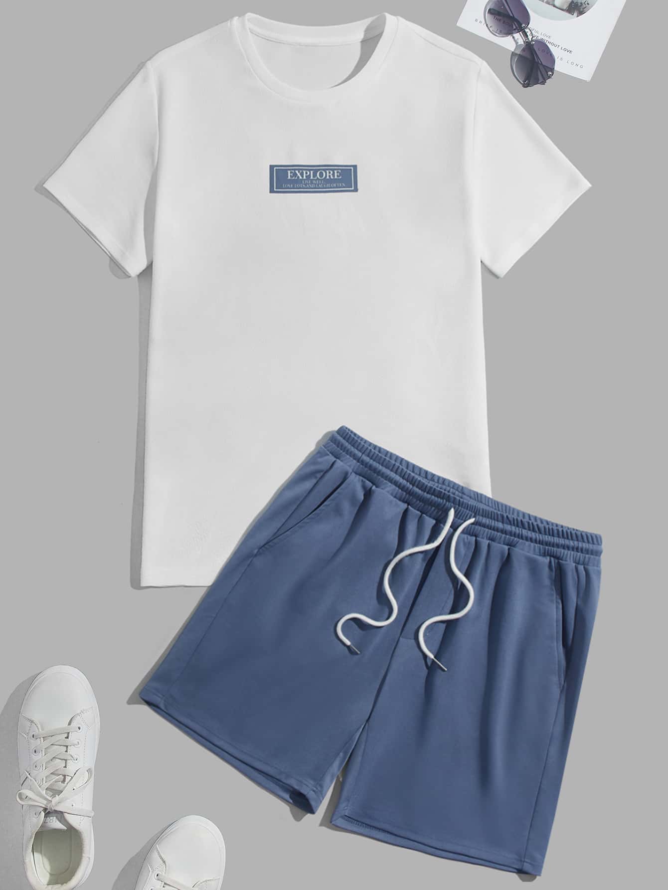 Manfinity Men Letter Graphic Tee & Drawstring Waist Shorts - Blue and White - View 1