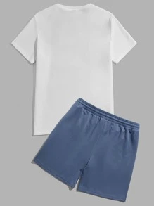 Manfinity Men Letter Graphic Tee & Drawstring Waist Shorts - Blue and White - View 2