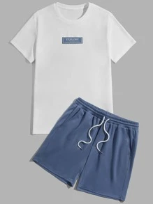 Manfinity Men Letter Graphic Tee & Drawstring Waist Shorts - Blue and White - View 3