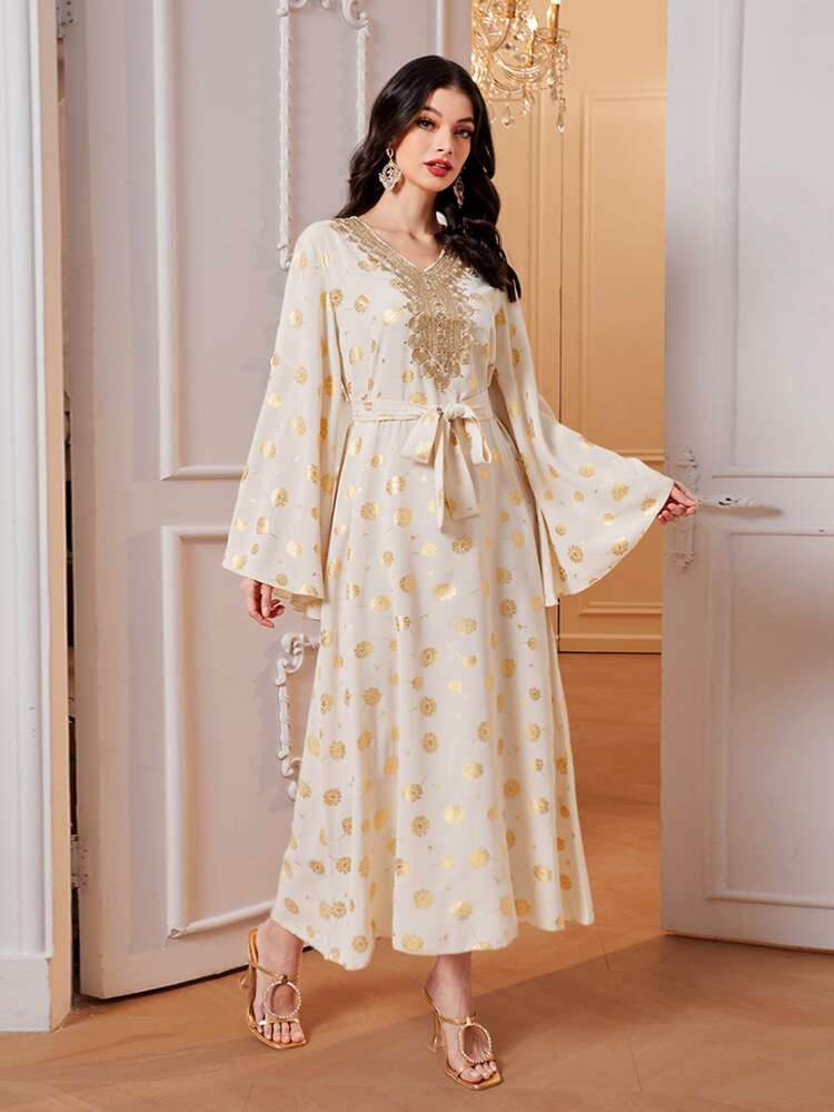 Gold Floral Print Appliques Belted Dress, Modest Kaftan