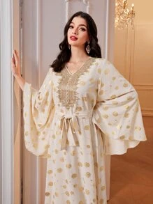 Al Najma 燙金花朵印花貼花繫腰帶連衣裙 - 彩色 - 查看 3