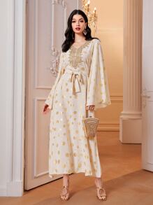 Al Najma 燙金花朵印花貼花繫腰帶連衣裙 - 彩色 - 查看 4