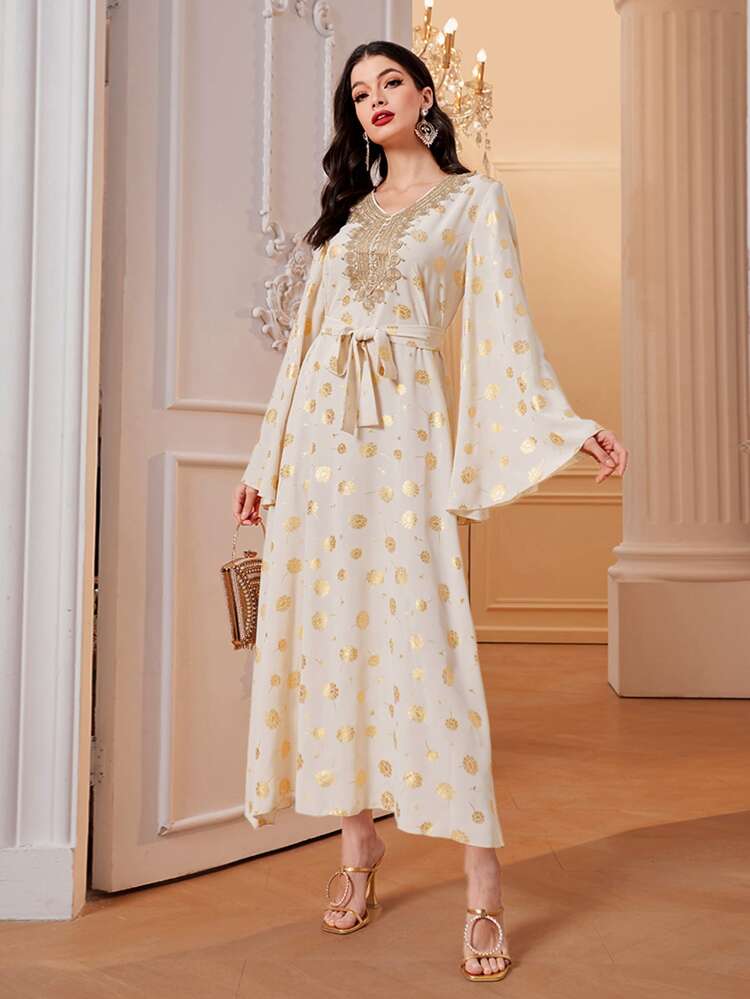 Gold Floral Print Appliques Belted Dress, Modest Kaftan