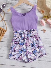 SHEIN Cô gái Tween In bướm Đường viền cổ có rãnh Nếp gấp cao eo Thắt lưng Áo Tank Romper - Màu Lilac Tím - Xem 1