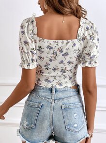 SHEIN Frenchy Floral Print Frill Trim Puff Sleeve Crop Tee - Multicolor - View 6