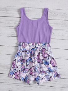 SHEIN Cô gái Tween In bướm Đường viền cổ có rãnh Nếp gấp cao eo Thắt lưng Áo Tank Romper - Màu Lilac Tím - Xem 2