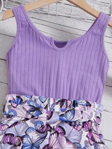 SHEIN Cô gái Tween In bướm Đường viền cổ có rãnh Nếp gấp cao eo Thắt lưng Áo Tank Romper - Màu Lilac Tím - Xem 3