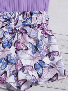 SHEIN Cô gái Tween In bướm Đường viền cổ có rãnh Nếp gấp cao eo Thắt lưng Áo Tank Romper - Màu Lilac Tím - Xem 4