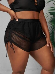 SHEIN Swim Curve 大碼側抽繩罩衫短褲 - 黑色 - 查看 1