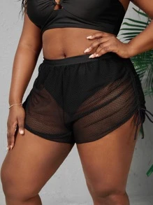 SHEIN Swim Curve 大碼側抽繩罩衫短褲 - 黑色 - 查看 3