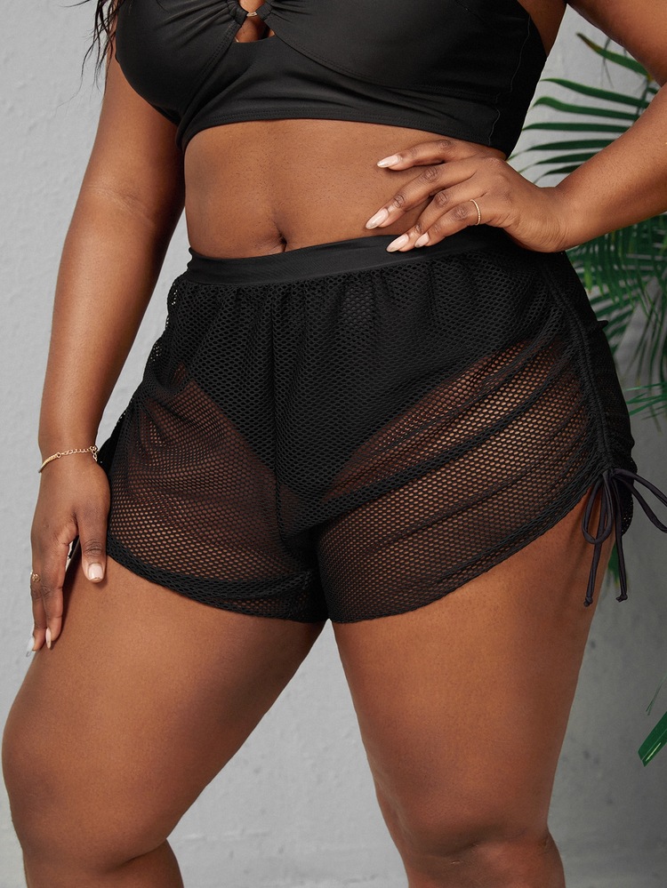 SHEIN Swim Curve 大碼側抽繩罩衫短褲 - 黑色 - 查看 3
