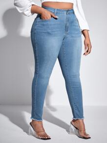 SHEIN SXY Plus High Waist Raw Cut Skinny Jeans - Medium Wash - View 3