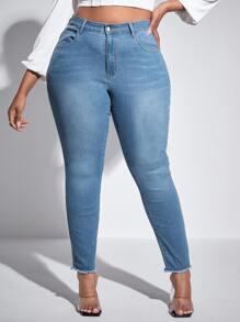 SHEIN SXY Plus High Waist Raw Cut Skinny Jeans - Medium Wash - View 4