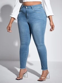 SHEIN SXY Plus High Waist Raw Cut Skinny Jeans - Medium Wash - View 5