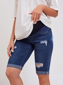 SHEIN Maternity Ripped Roll Up Hem Denim Shorts