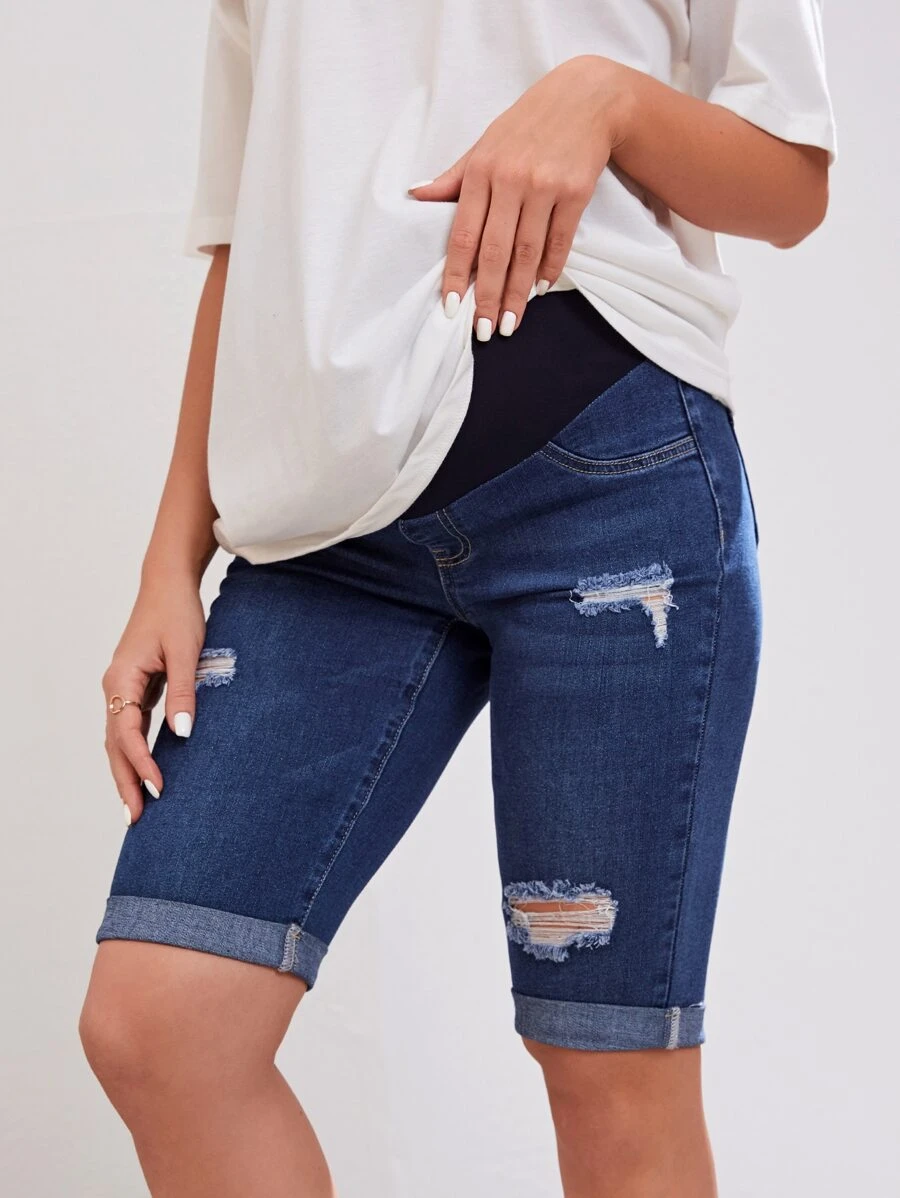 SHEIN Maternity Ripped Roll Up Hem Denim Shorts