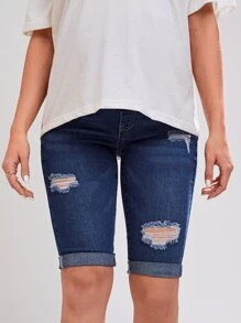 SHEIN Maternity Ripped Roll Up Hem Denim Shorts