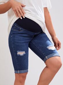 SHEIN Maternity Ripped Roll Up Hem Denim Shorts