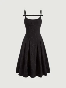 SHEIN MOD Jacquard Pleated Hem Cami Dress - Black - View 1