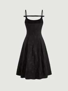 SHEIN MOD Jacquard Pleated Hem Cami Dress - Black - View 2