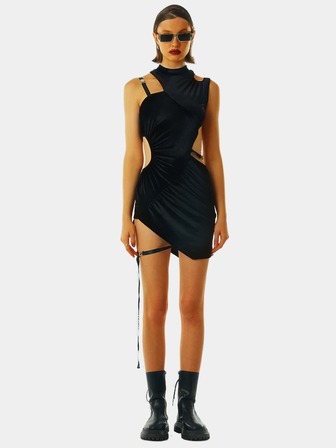 Mock Neck Cut Out Waist Asymmetrical Hem Bodycon Dress