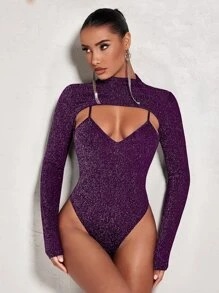 SHEIN BAE Mock Neck Cut Out Front Glitter Bodysuit - Purple - View 1