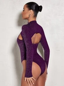 SHEIN BAE Mock Neck Cut Out Front Glitter Bodysuit - Purple - View 2