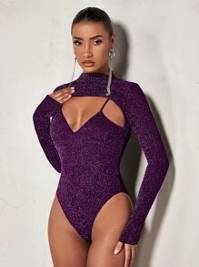 SHEIN BAE Mock Neck Cut Out Front Glitter Bodysuit - Purple - View 3