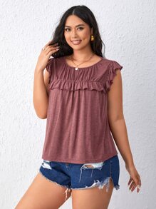 SHEIN LUNE Áo thun Plus size Xù màu trơn Giải trí - Gỗ đỏ - Xem 6