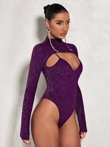SHEIN BAE Mock Neck Cut Out Front Glitter Bodysuit - Purple - View 4