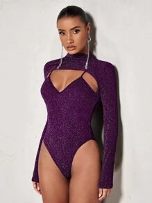 SHEIN BAE Mock Neck Cut Out Front Glitter Bodysuit - Purple - View 5