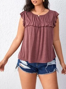 SHEIN LUNE Áo thun Plus size Xù màu trơn Giải trí - Gỗ đỏ - Xem 3