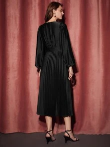 SHEIN BAE 燈籠袖百褶下擺連衣裙 - 黑色 - 查看 2