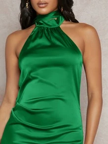 SHEIN BAE Draped Detail Backless Satin Halter Dress - Green - View 4