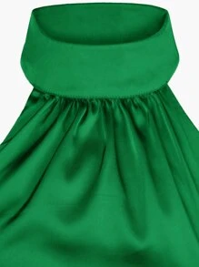 SHEIN BAE Draped Detail Backless Satin Halter Dress - Green - View 6