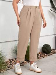 SHEIN LUNE Pantalones De Cintura Alta Y Pliegues En Verano Para Mujer, Detalles Plisados