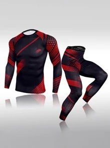 Men Polka Dot Print Top-Stitching Sports Set, Athletic Suit, Tracksuit Men Active Wearthermal Underweargym Suitthermal Wearactive Wear Sets - Black - View 3