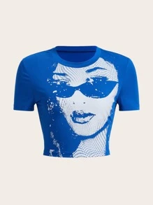 SHEIN ICON Figure Graphic Crop Tee - Blue - View 2