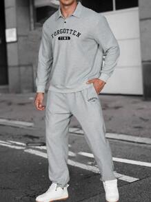 Manfinity Men Letter Graphic Polo Neck Sweatshirt & Joggers - Grey - View 1