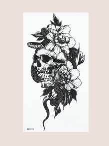 件經典骷髏、蛇花設計臨時手臂刺青貼紙 - 黑色 - 查看 2