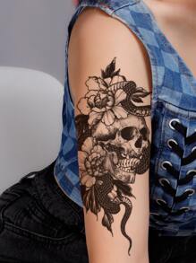 件經典骷髏、蛇花設計臨時手臂刺青貼紙 - 黑色 - 查看 4