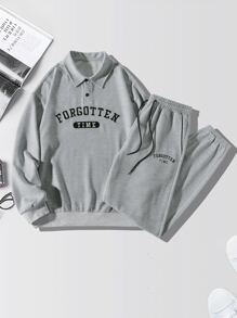 Manfinity Men Letter Graphic Polo Neck Sweatshirt & Joggers - Grey - View 3