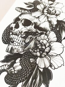 件經典骷髏、蛇花設計臨時手臂刺青貼紙 - 黑色 - 查看 6