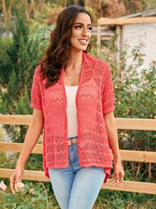 SHEIN LUNE 鏤空針織素色開襟衫 - 西瓜粉 - 查看 5