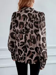 EMERY ROSE 豹纹泡泡袖雪纺衬衫、长袖上衣 - 藕粉色 - 查看 2