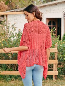 SHEIN LUNE 鏤空針織素色開襟衫 - 西瓜粉 - 查看 2