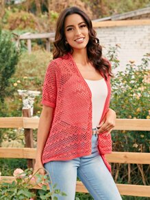 SHEIN LUNE 鏤空針織素色開襟衫 - 西瓜粉 - 查看 3